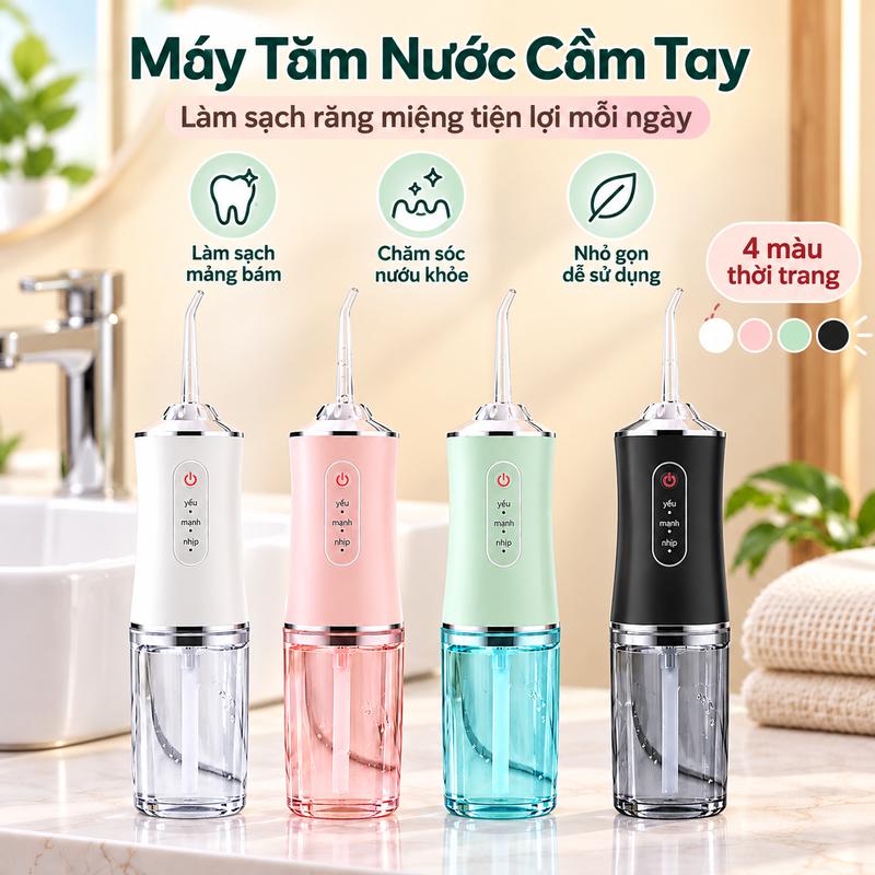 Máy Tăm Nước Cầm Tay Không Dây, 3 Chế Độ Làm Sạch, Kèm 4 Đầu Tăm, Sạc USB, Vệ Sinh Kẽ Răng