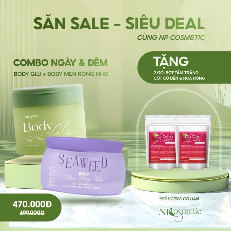COMBO ngày và đêm Kem Body Glu 200gram + Kem Body Men Rong Nho 150gram Np Cosmetic Tặng 2 Bột Tắm Trắng dưỡng trắng makeup cấp ẩm