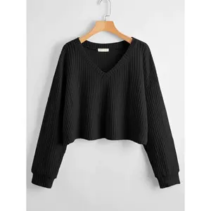 Sweater Waffle Crop Top Kerah V Baju Nyaman Simple Ruffle