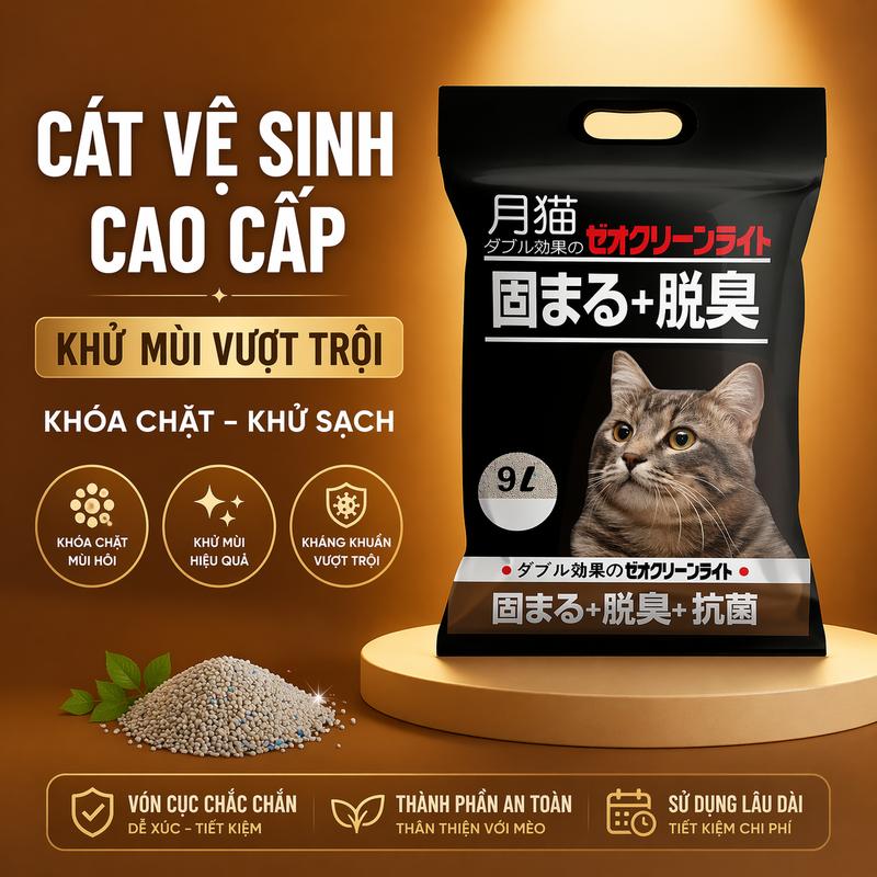 Cát Nhật đen cho mèo 9L, Cát vệ sinh cho mèo khử mùi, vón cục, thấm hút - Caopets cát  vệ  sinh  mèo