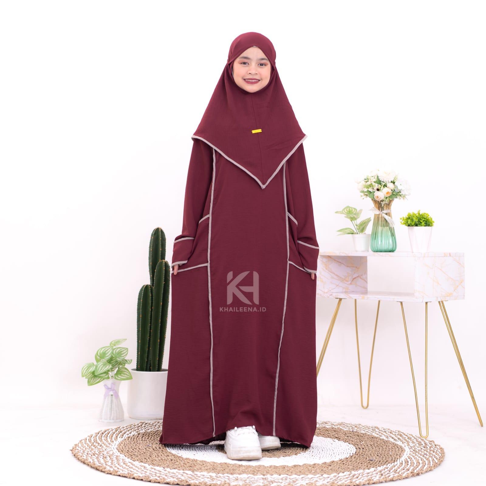 Set Abaya Anak Perempuan KHANIA dengan Hijab dan Baju Gamis Muslim Syari - Crinkle Airflow Premium Kombinasi Hitam Putih Maroon Brown Panjang Wanita