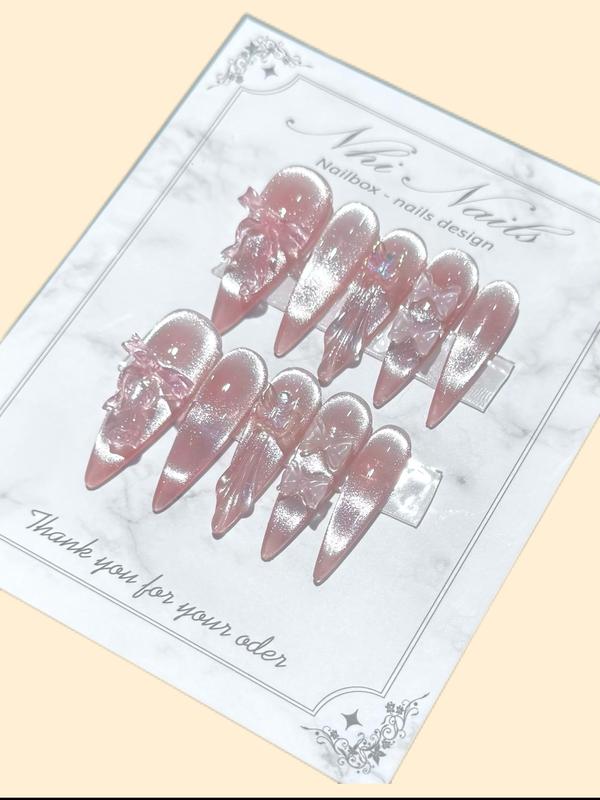 N27 BỘ 10 CHIẾC NAILS BOX THỦ CÔNG MẮT MÈO THẠCH HỒNG PHỐI VẼ NỔI ĐÍNH NƠ LẤP LÁNH SANG TRỌNG SỬ DỤNG ĐI TIỆC ĐI CHƠI ĐI DU LỊCH