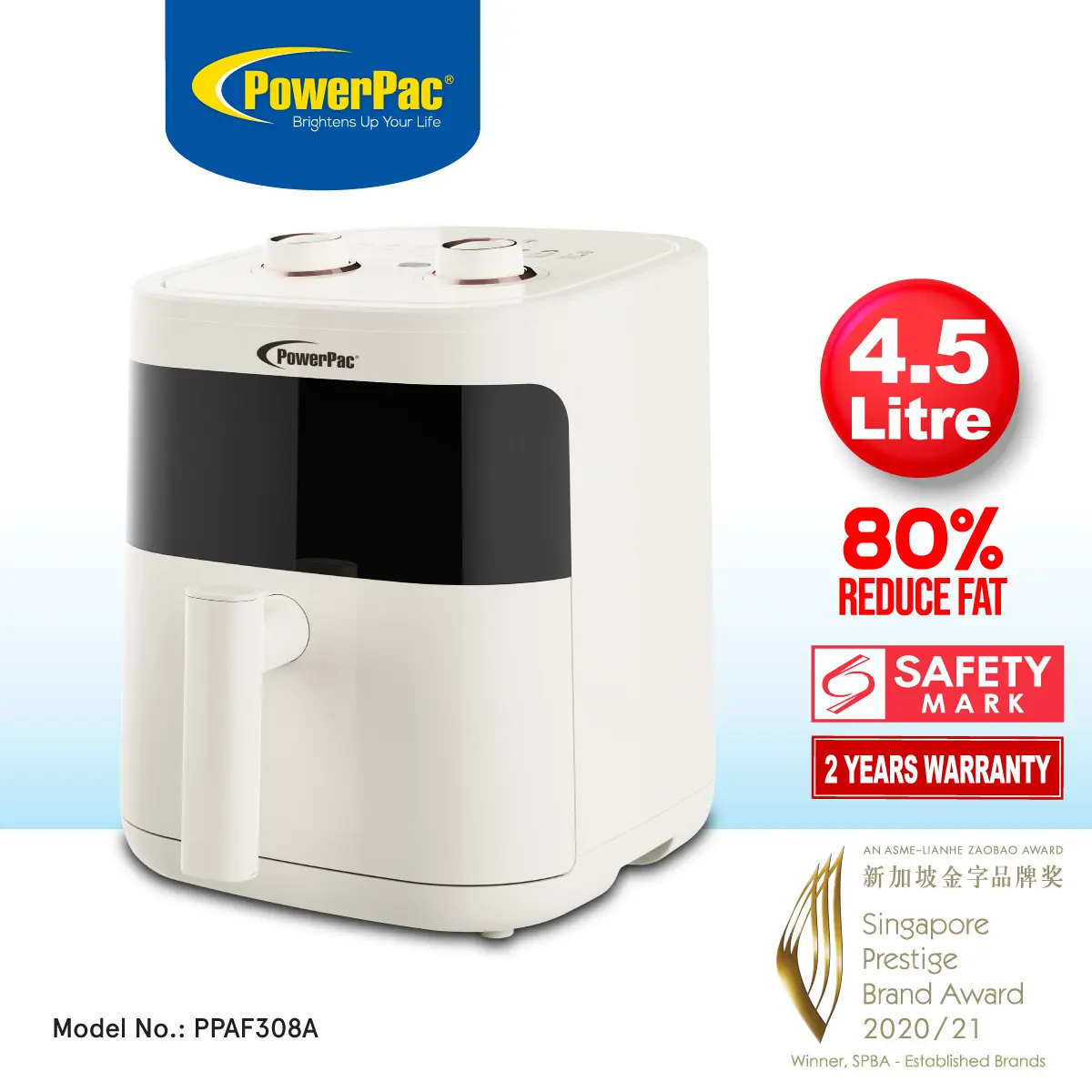 PowerPac Air fryer 4.5L with Hot Air Flow System(PPAF308A)
