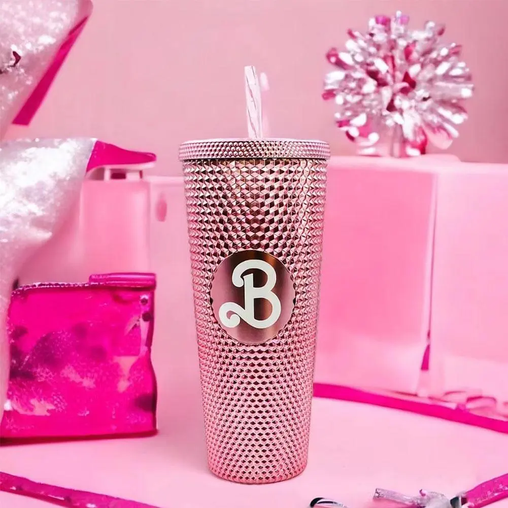 แก้วบาร์บี้สีชมพู 700ml ถ้วยน้ำผนังสองชั้นแฟชั่นพร้อมฟาง F3D1