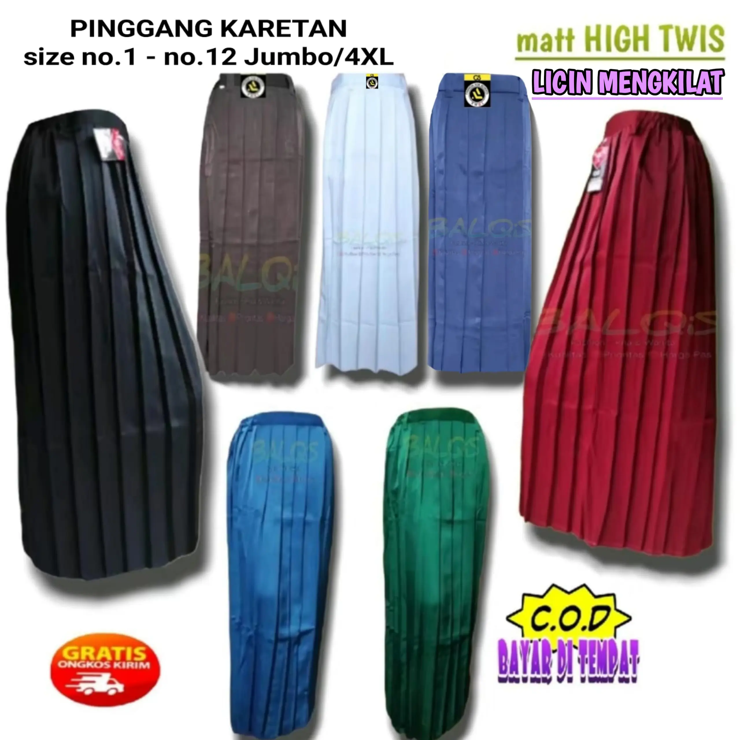 ameL Rok SD Rempel Full Seragam Pinggang Karet Siswi Sekolah Kain Twis Licin Wanita Panjang Casual Hitam Linen