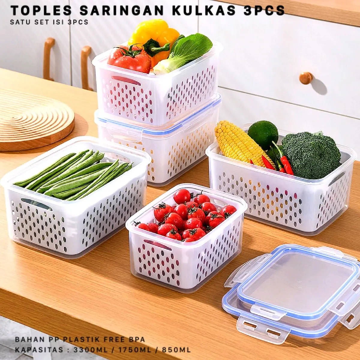 Set Toples Saringan Kulkas 3PCS PET+PP+TPR 850ml/1750cm/3300ml - Sayuran
