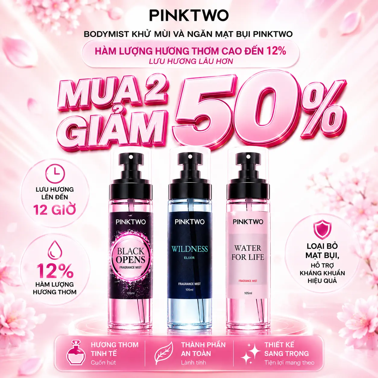 [MUA 2 GIẢM 50%] Xịt Thơm Body Mist Hương Nước Hoa Pinktwo 105ml – Lưu Hương Lâu, An Toàn Cho Da – Xịt Thơm Cơ Thể & Quần Áo – Không Cồn, Không Khô Da – 3 Mùi Hương Black Opens / Wildness / Water For Life - Công thức 12% Tinh Dầu, Diệt Mạt Bụi 99%