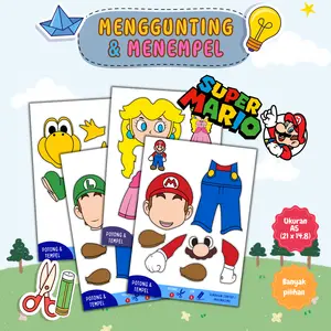 Lembar Aktivitas Cut & Glue SUPER MARIO / Kertas Menggunting dan Menempel Anak PAUD TK