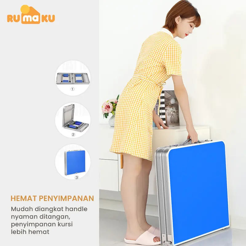 RUMAKU Meja Jualan Lipat Portable Serbaguna Lubang Tengah Payung Tenda Outdoor Camping Free 2 Kursi 6