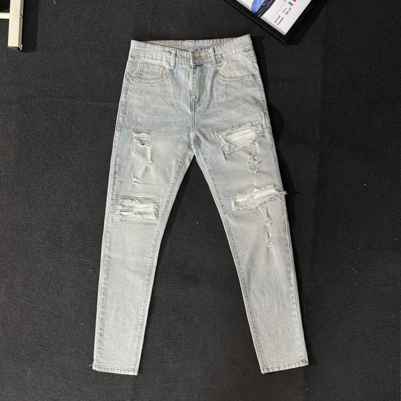 Quần jean nam vá da boy phố rách gối màu xanh chất liệu bò co dãn 4 chiều form dáng skinny đẹp QJN3V57S Menswear Pants Có Túi
