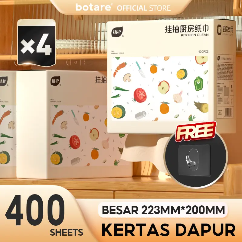 [4 PCS]  Botare-Tuala kertas dapur, kertas penyerap minyak boleh tanggal gantung, sesuai untuk memasak, 400 helai, pek besar