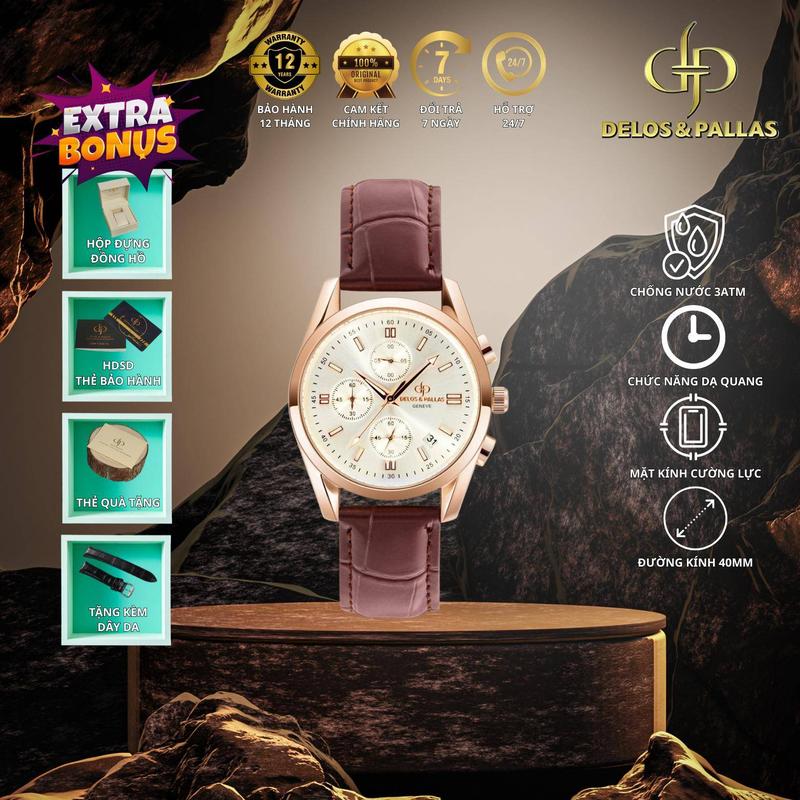 Thụy Sĩ DELOS & PALLAS - Đồng hồ nam S1062 – Chống nước 3ATM, dạ quang, mạ IP, dây da bò lớp dầu , phong cách doanh nhân, trưởng thành, tinh tế, thiết kế 3 đồng hồ phụ chức năng thể thao , đếm giờ ngắn SHOP VN-2