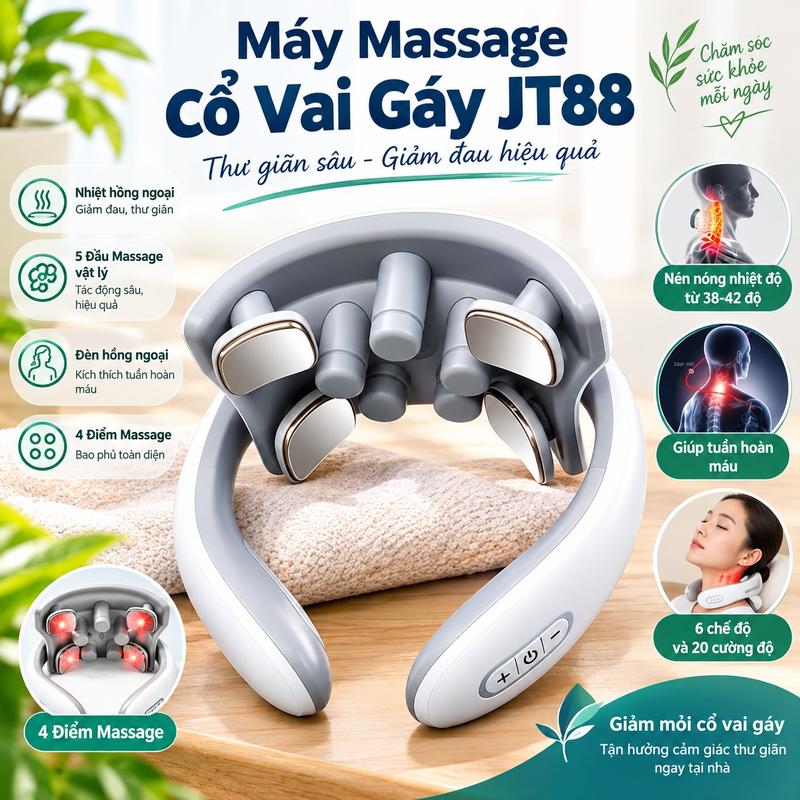 Máy massage cổ vai gáy JT-88, máy mát xa có xung điện trị liệu lưu thông máu, thư giãn kết hợp chườm ấm 42 độ C