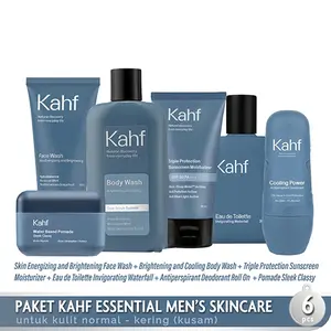Paket Kahf Essential Men's Skin Care Lengkap 6 pcs - Paket Skincare Pria (Oil Acne Care Skin Energizing Brightening Face Wash Energizing Relaxing Hair Body Wash Soothing Antiperspirant Deodorant Triple Protection Sunscreen Moisturizer Pomade