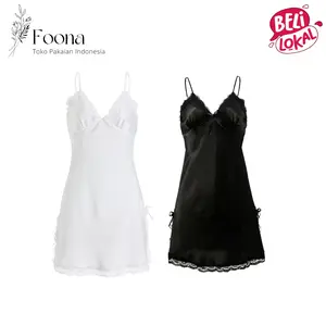 Foona BT001 Baju Tidur Lingerie Wanita Korea Sexy Dress Satin Mini Dewasa Hitam Piyama Panjang Gaun Daster Busui