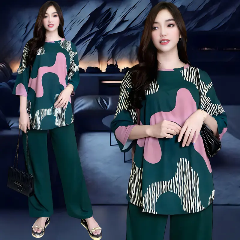 TELSA SETELAN WANITA LD 120 & LD 130 CELANA LURUS DAN ATASAN OVAL BELAHAN KIRI DAN KANAN OVERSIZE WANITA celana lurus karet kantor kaos santai Motif 4