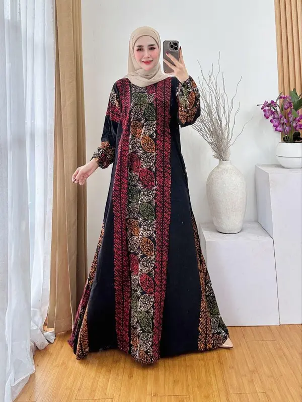 Gamis Luxe Cap motif Multicolor Terbaru 2025 Bahan kain Premium Resleting Depan, tali pinggang dan Saku 1