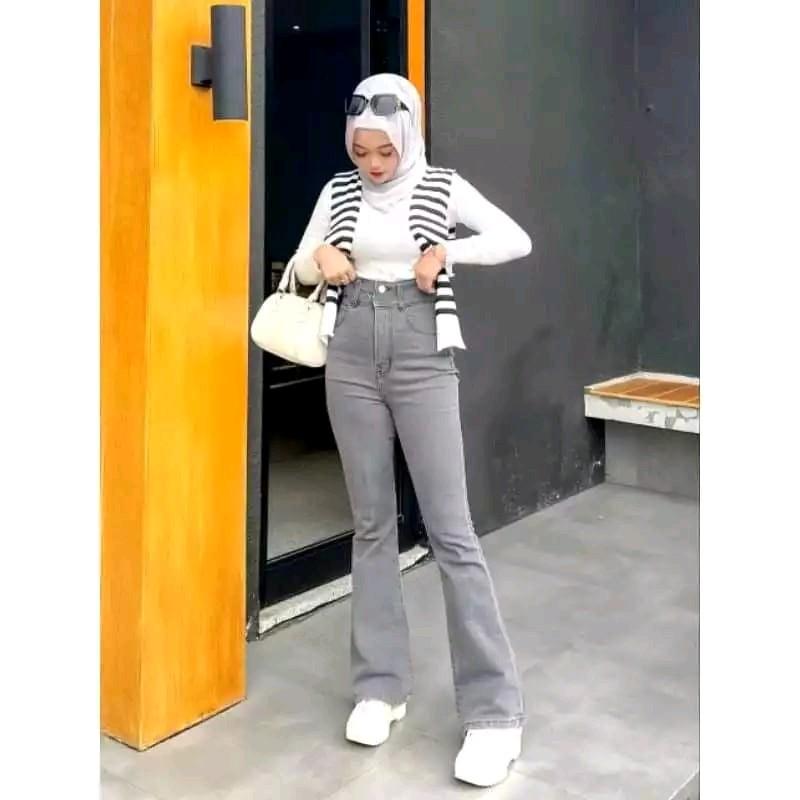Celana Jeans Cutbray Abu Highwaist Slimfit Stretch Premium Quality Denim Panjang Wanita Melar manis light grey Korean regular kulot 2