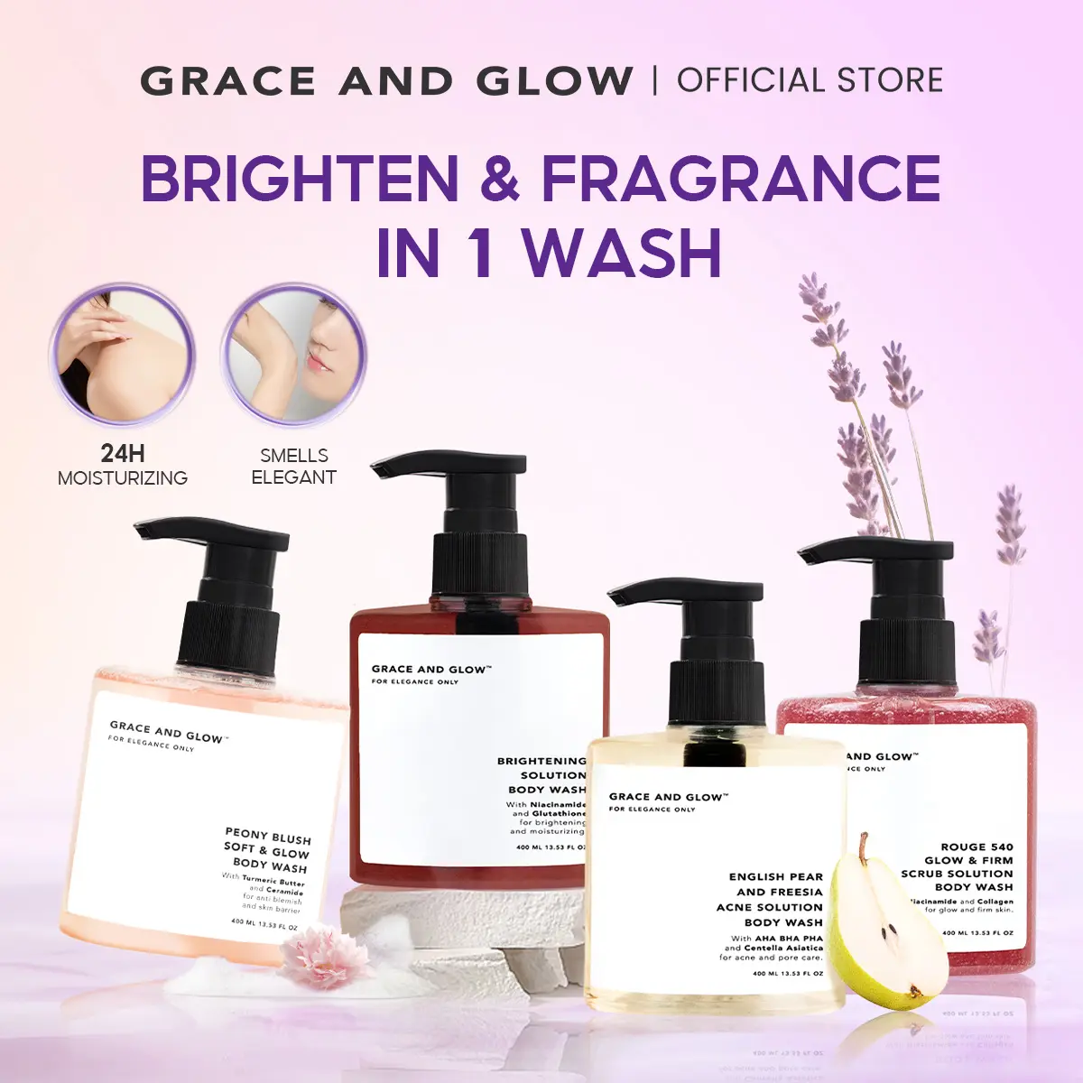[LIVE ONLY] Grace and Glow Brightening Solution Body Wash | English Pear, Rouge540, Miss Moisture, Peony |  Soap Sabun Mandi Cair Wangi Parfum untuk Mencerahkan, Melembutkan Tubuh dan Membersihkan Jerawat Punggung with Niacinamide AHA BHA PHA