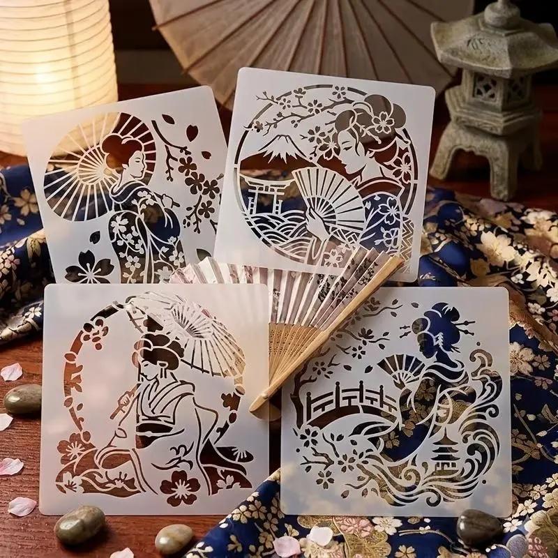 Tái Sử Dụng Núi Fuji Sơn Stencils 4Pcs Nhật Bản Geisha Hoa Anh Đào Mô hình Đối…