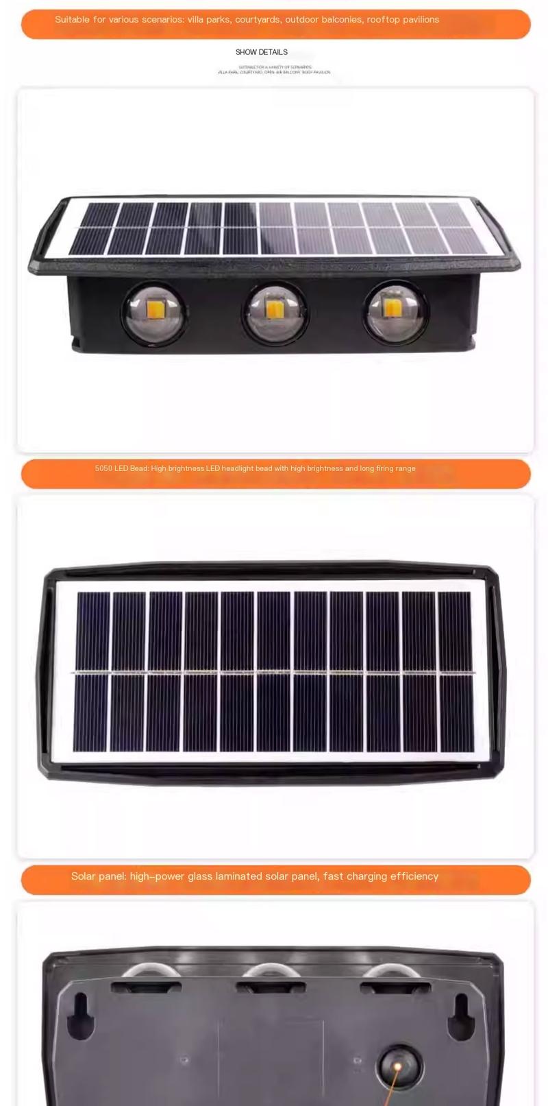 Product Introduction of Solar outdoor lights, household courtyard wall lights, waterproof wall washing lights, villa spotlights, double headed high brightness wall lights, up and down 6
