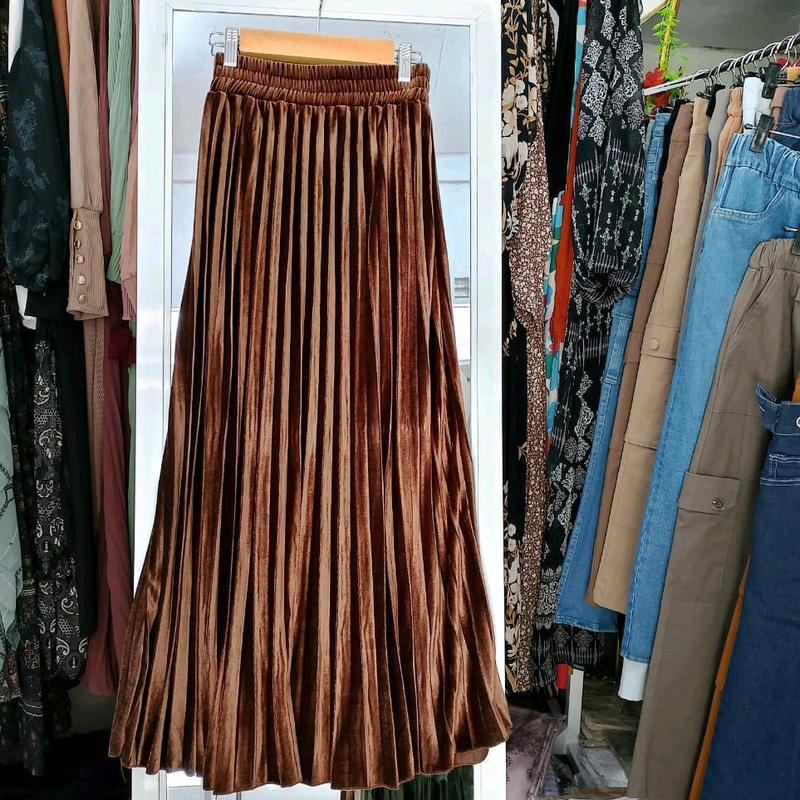Rok plisket beludru kakya wanita moden dan kekinian free size quality premium Panjang 90cm 5