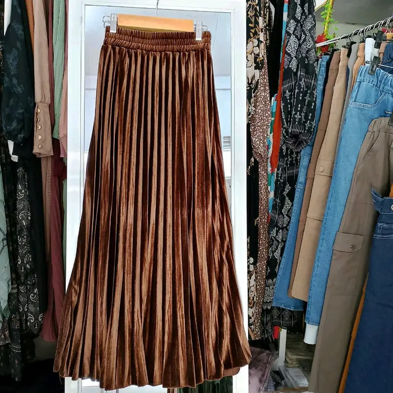 Rok plisket beludru kakya wanita moden dan kekinian free size quality premium Panjang 90cm 4