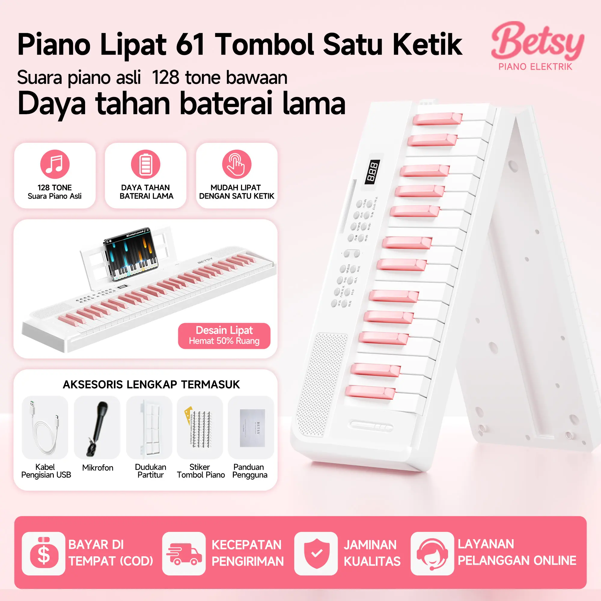 Piano Elektronik, BETSY B151, Boleh Dilipat, 61 Kunci, Mudah Alih, Cocok untuk Anak dan Pemula
