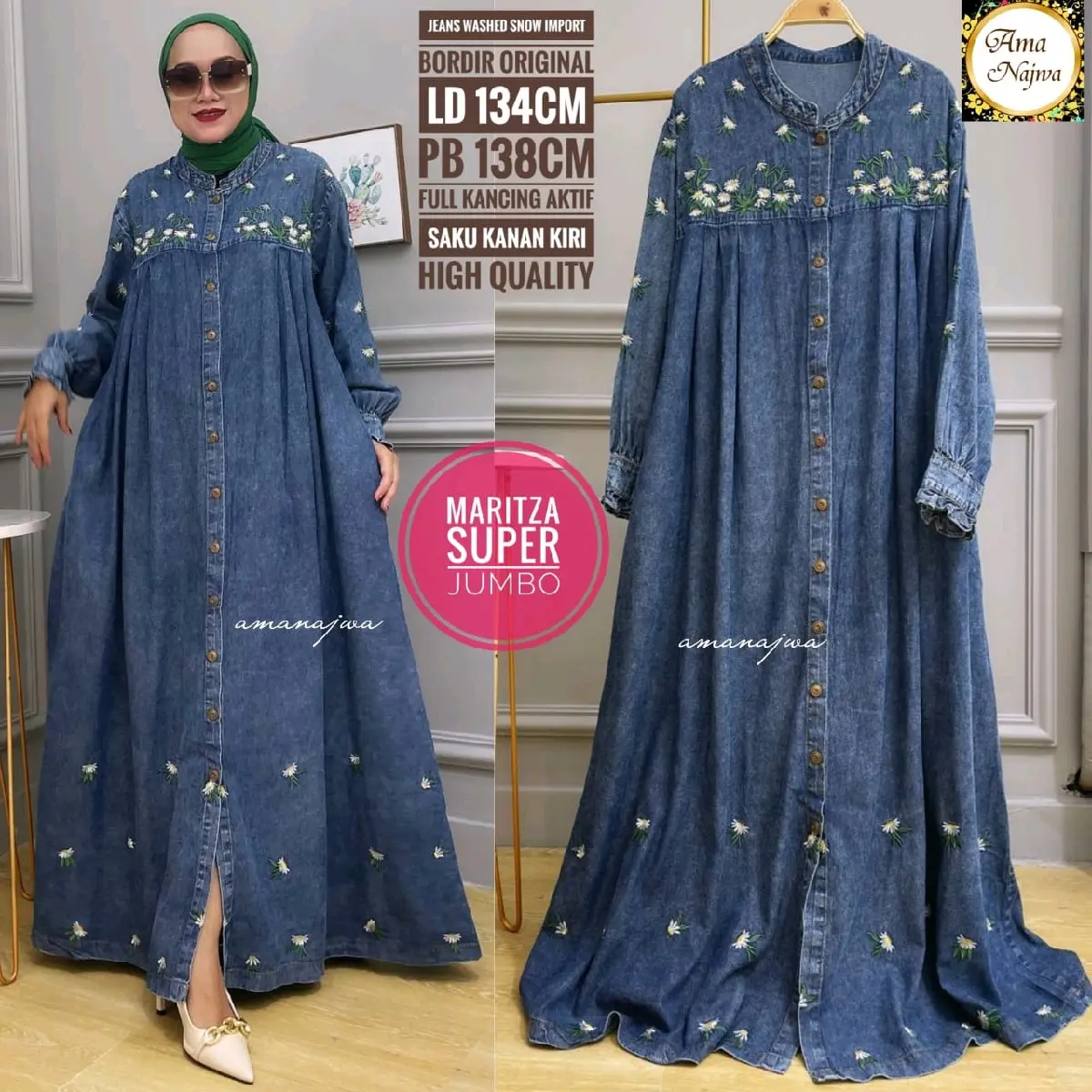 Gamis Jumbo Jeans ld 130 Cm Bordir Asli Cantik Size XXXL Dress Wanita Panjang Muslim Lembut Nyaman Kancing Maxi Hitam Samping Syari