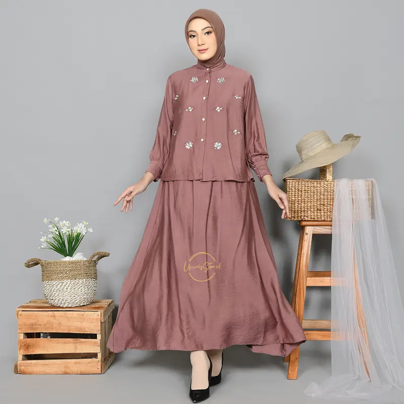 CLARA One Set Wanita Payet Mewah Linen Setelan Atasan Rok Kekinian 4