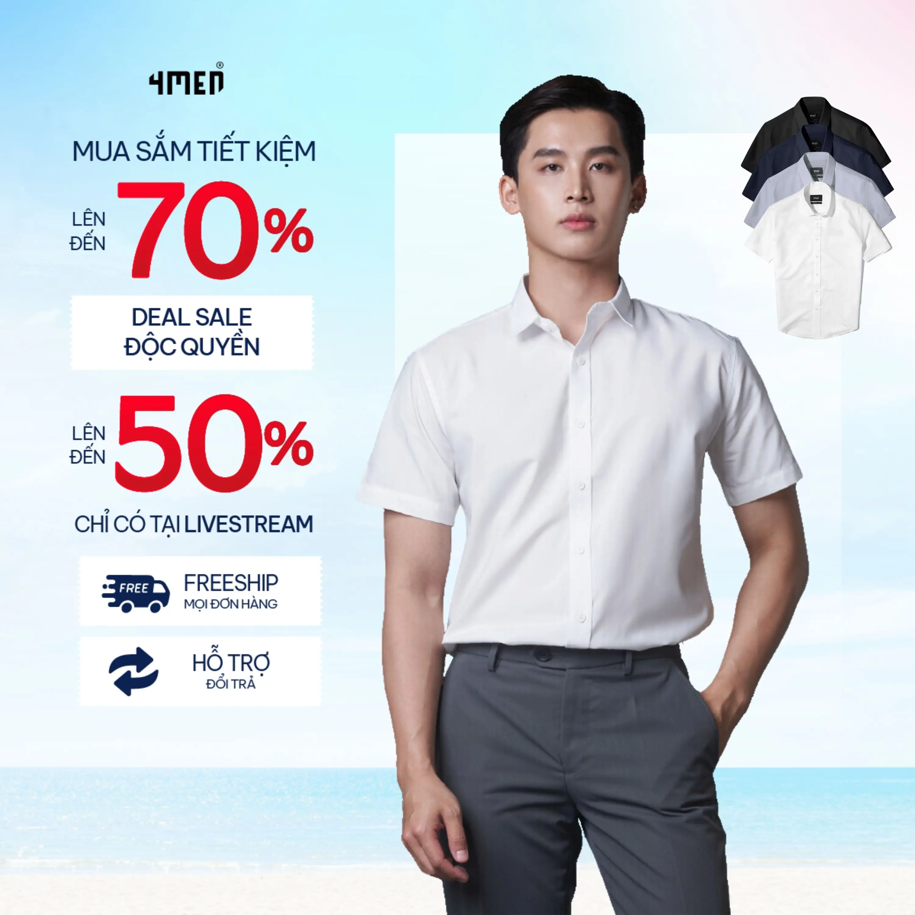 Áo sơ mi nam trơn tay ngắn 4MEN SM087 nhiều màu đẹp trẻ trung thanh lịch, chất liệu lụa chéo hạn chế nhăn, mềm mại Menswear Shirt
