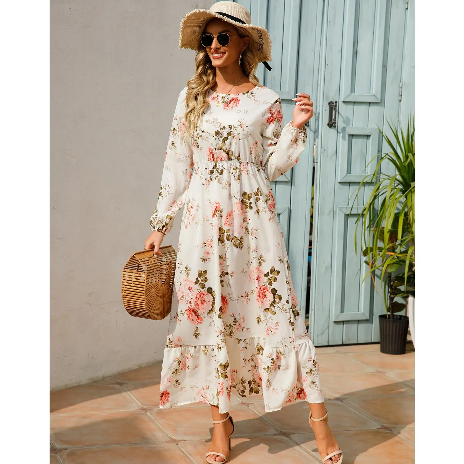 Cross-Border Dried Shrimp Joom round Neck and Long Pattern Floral Dress Women's French Style High Sense Young Waist-Tight Early Spring 2022