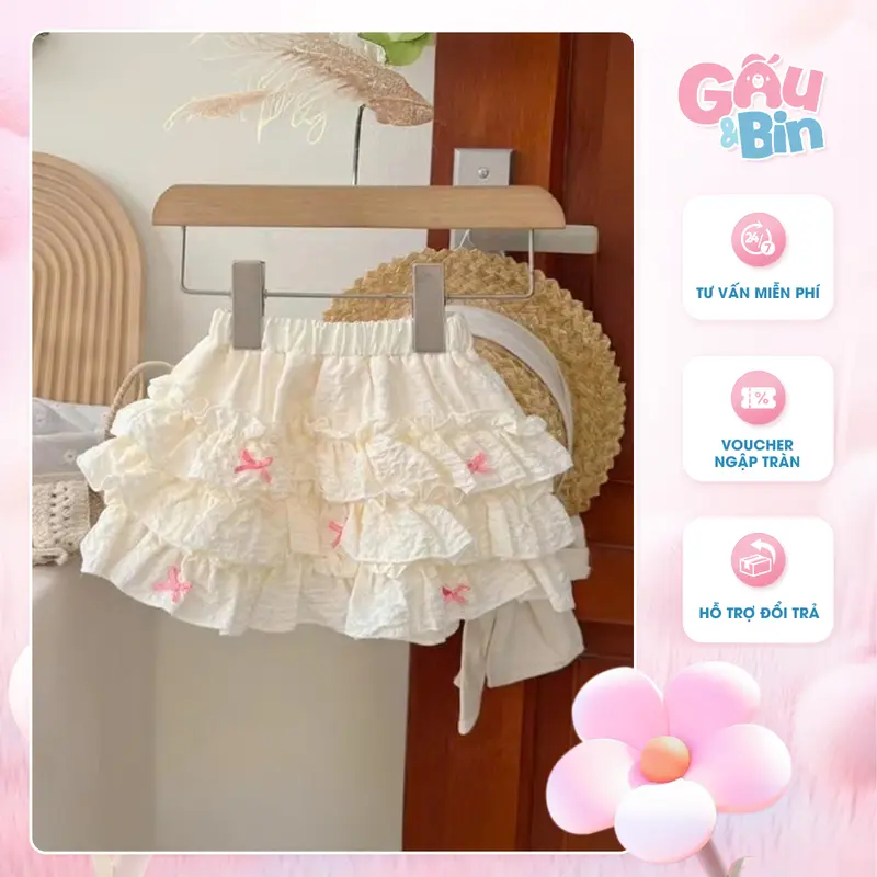 Chân Váy Bé Gái Tầng đính Nơ – Em Mặc Đi Chơi, Ở Nhà, Chụp Hình