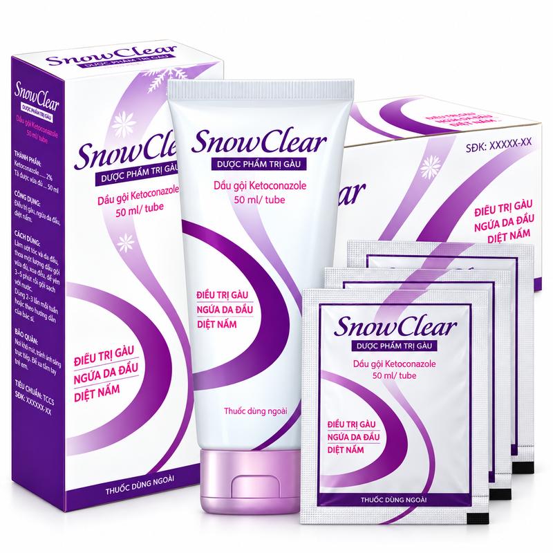 Dầu gội SnowClear dạng chai và dạng gói giúp sạch da đầu gàu, ngứa.