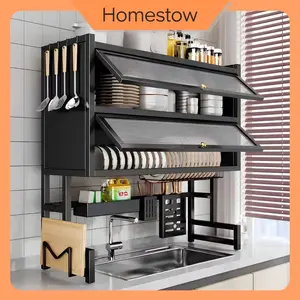 HomeStow Rak Piring Tertutup 2 Susun Rak Piring Wastafel Minimalis Rak Dapur Multifungsi 2 Susun