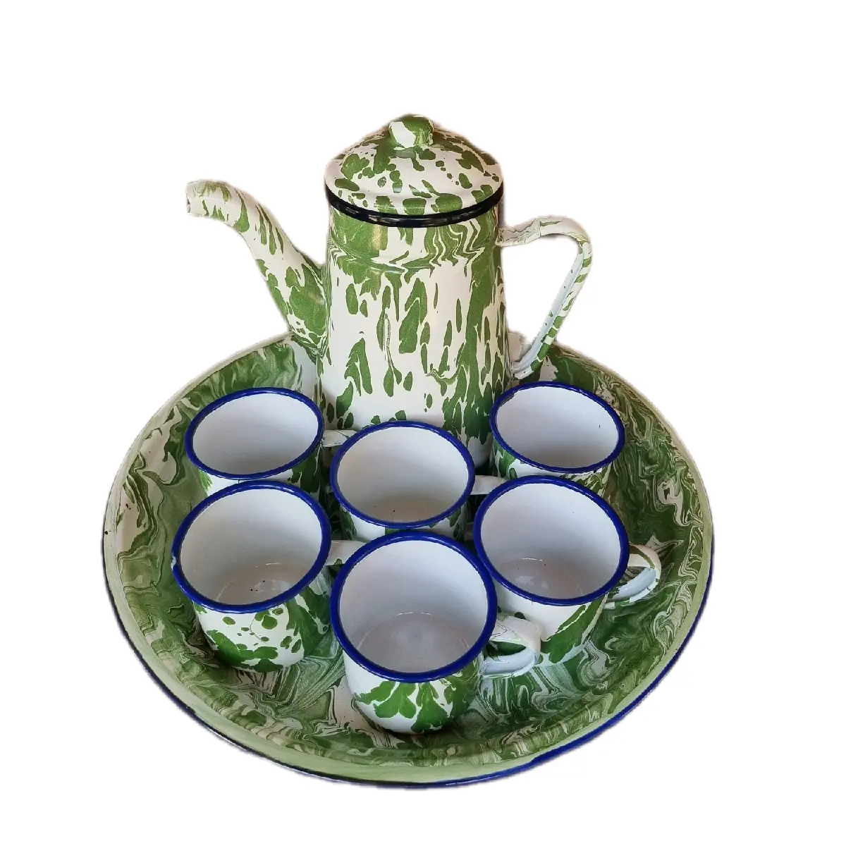 Set Nampan Enamel 35cm + Teko Tinggi + Gelas Enamel  Seng Blek Vintage