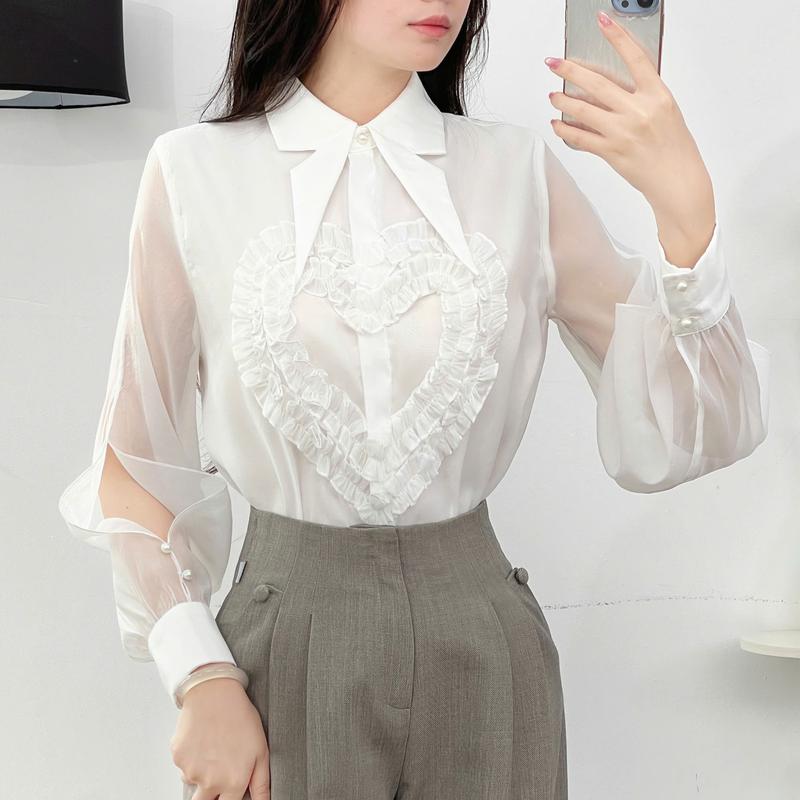 Áo Sơ Mi Nữ CCHAT Dáng Suông Kiểu Xẻ Tay Bèo Rúm Hình Trái Tim Chất Voan 15FDV2001ST