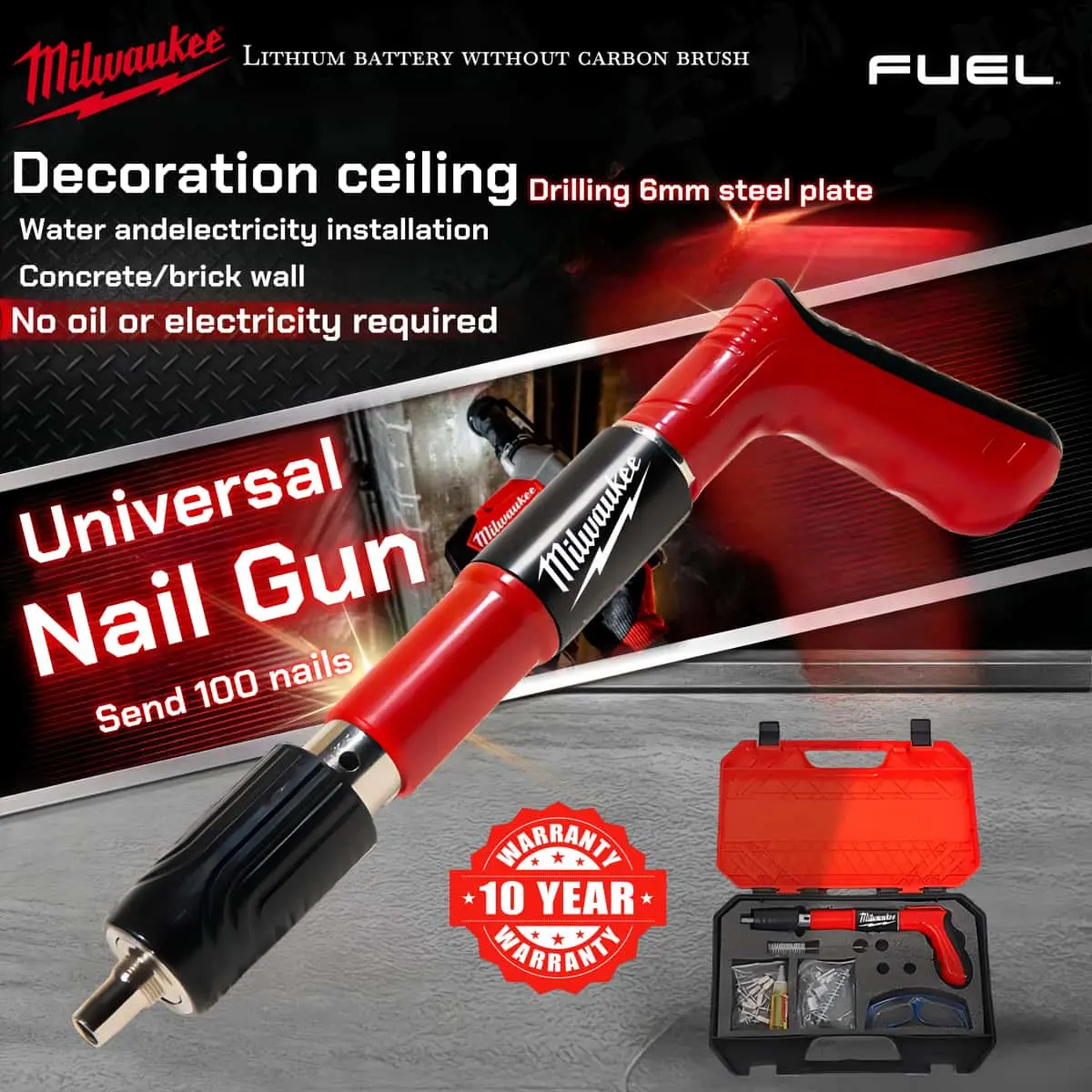 Milwaukee Nail Gun Multifunction Fast Fastening Hardware Tools apply Concrete Suspended Ceiling Nails Gun Nailer 【10 Year warranty】