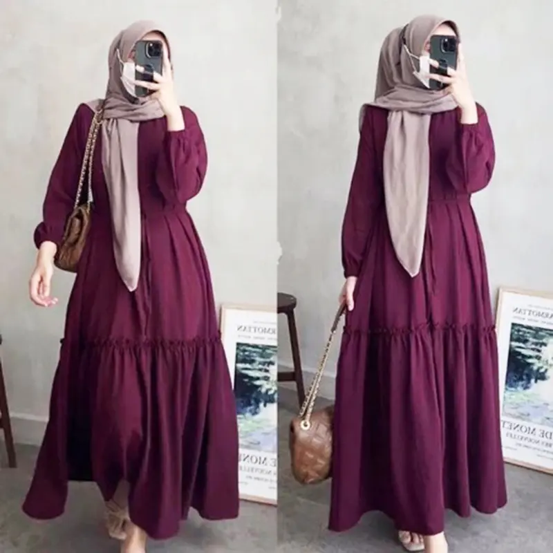 [ Spesial Ramadhan ] Rosaline Dress | Gamis Kondangan Simple Maxi Muslim Wanita Dewasa Kain Lengan Karet Variasi Ruffle Crinkle Airflow Crepe Warna Burgundy 0
