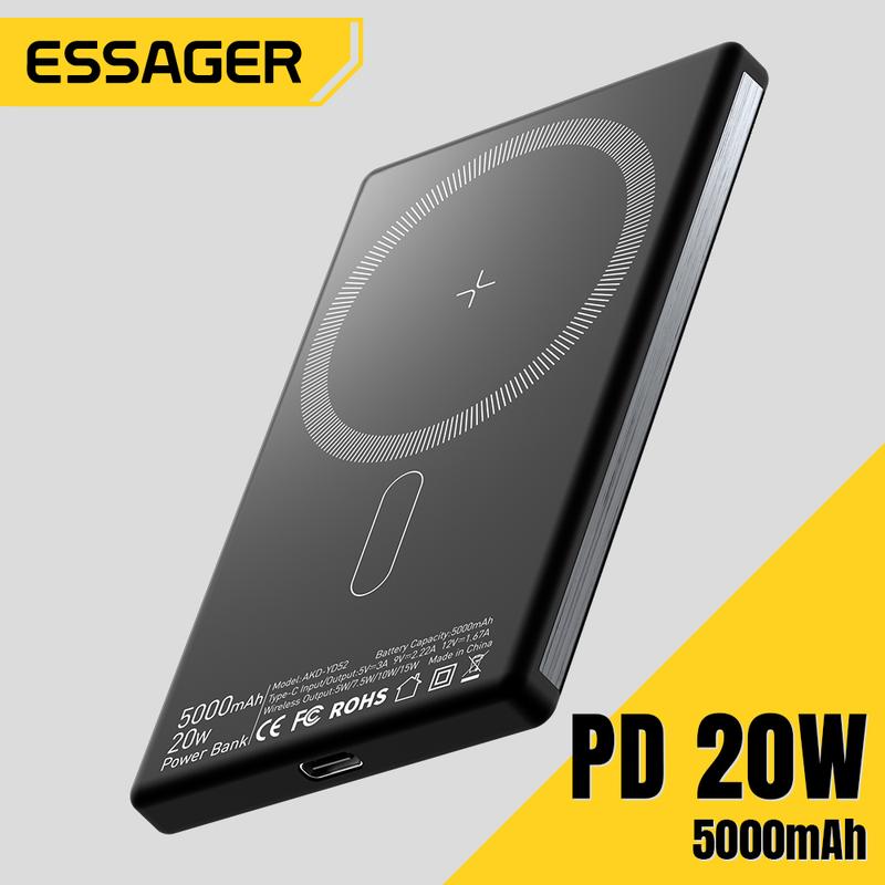 Pin Sạc Dự Phòng, Essager, PD20W, Dung Lượng 5000mAh, USB-C Và Type-C, Sạc Không Dây, Tương Thích Với iPhone, Samsung, Huawei, Xiaomi