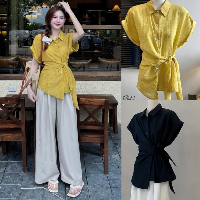 Áo sơ mi BIGSIZE 50-120KG che bụng tốt dễ thương thanh lịch đi làm đi chơi đi tiệc - Ú Xinh Store - AK23 Sơ Mi Cột Dây