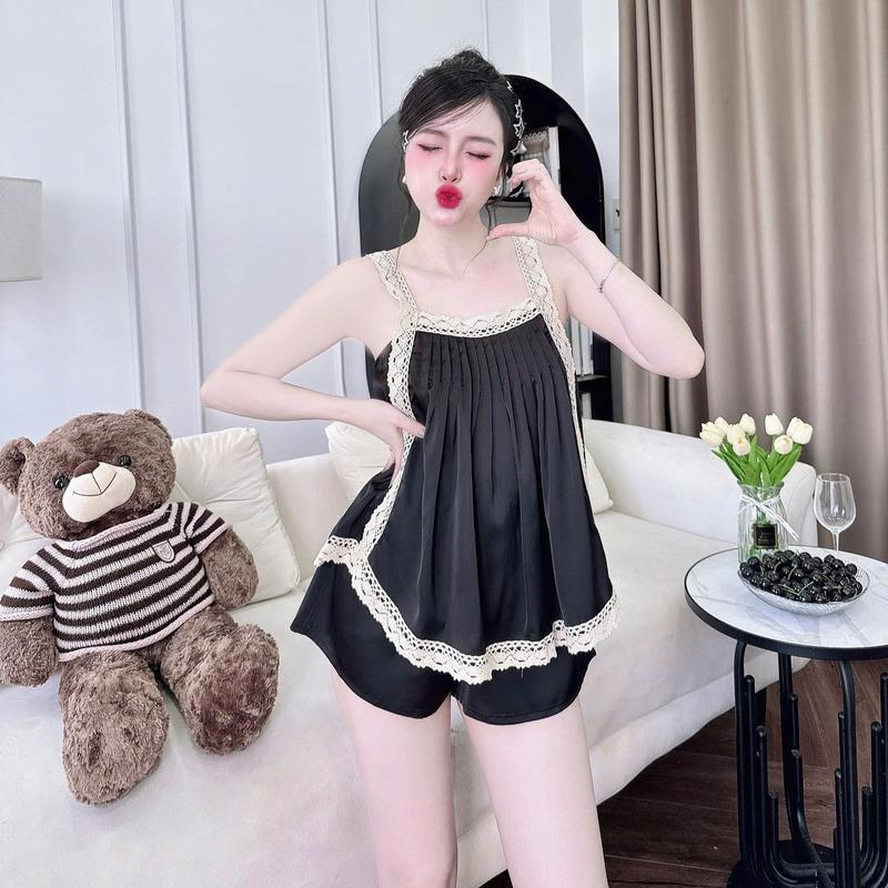 Bigsize 40Kg - 90Kg Bộ Đùi + Dài Nữ 2 Dây Chất Vải Lụa Latin Xếp Ly Phối Ren Màu NUDE Quần Có Túi Dành Cho Nữ Women. Đồ ngủ Xinh đồ bộ xinh