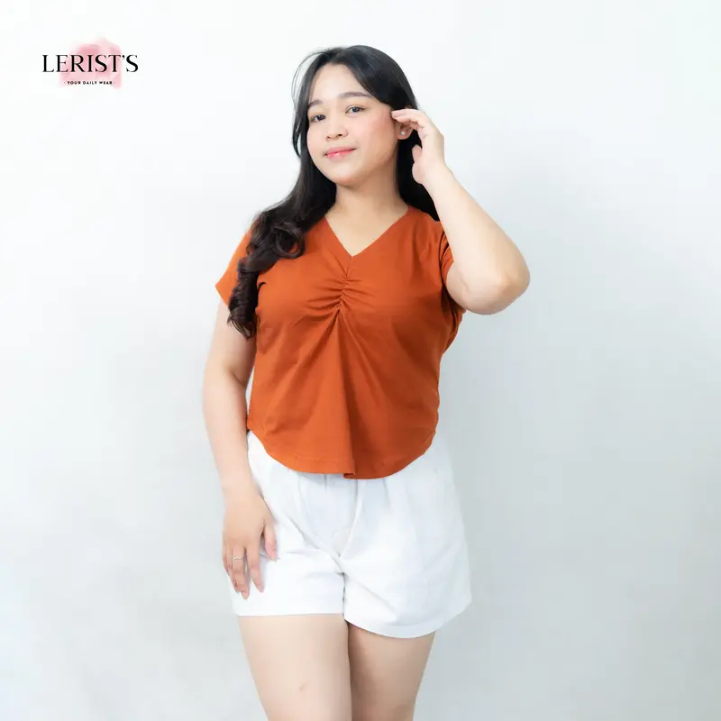 VNECK CROP KERUT DADA LERIST- Atasan wanita Crop top tee polos Kaos Katun Leher V Wanita Cotton Combed 30s Premium Lerist T-Shirt Polos Baju Pendek Lerist Basic Panjang 3