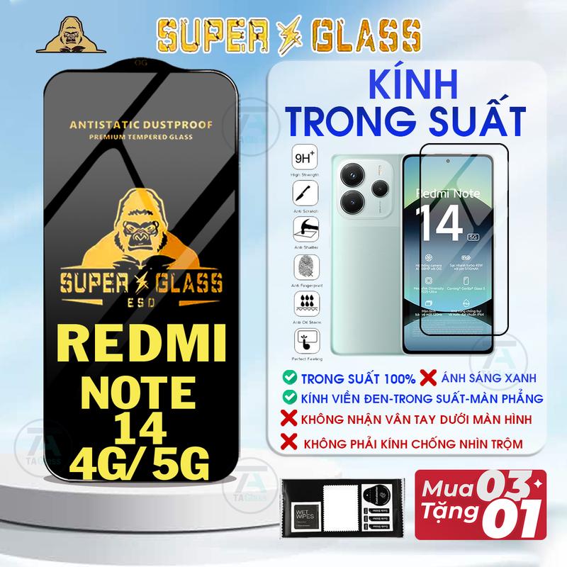 Kính cường lực dành cho Redmi Note 14 4G 5G Trong Suất ,Viền Đen,Màn Phẳng ,…