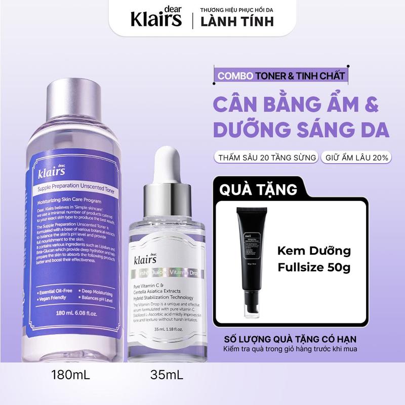 Combo Dear, Klairs Tinh chất Freshly Juiced Vitamin Drop 35mL [Bản Cũ]+ Nước hoa hồng Supple Preparation Unscented Toner 180ml [FS]