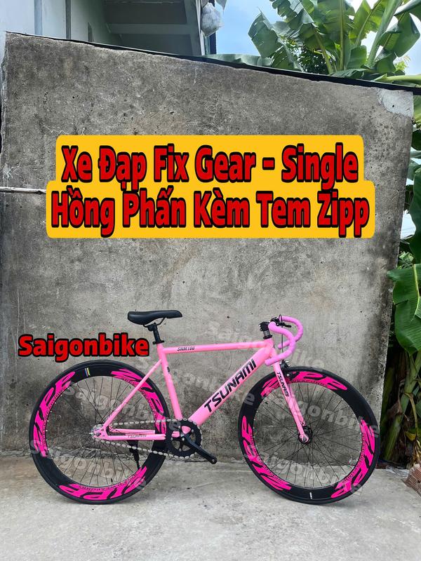 Xe Đạp Thể Thao Fixed Gear Và Single Tsunami Snm100 , Khung Sườn Thép, Bảo Hành 12 Tháng, Màu Hồng Phấn Kèm Tem Zipp Dây Quấn Hồng (Kèm Dây Strap Và Đồ Lắp)