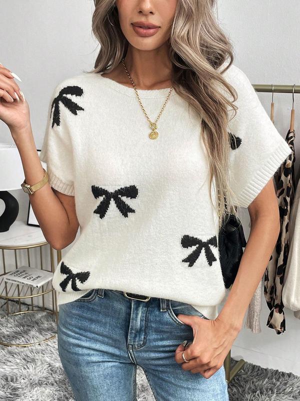 Women's Bow Pattern Crew Neck Sweater Pullover, Casual Short Sleeve Jumper for Summer, Fashion Women's Knitwear for Daily Wear 4