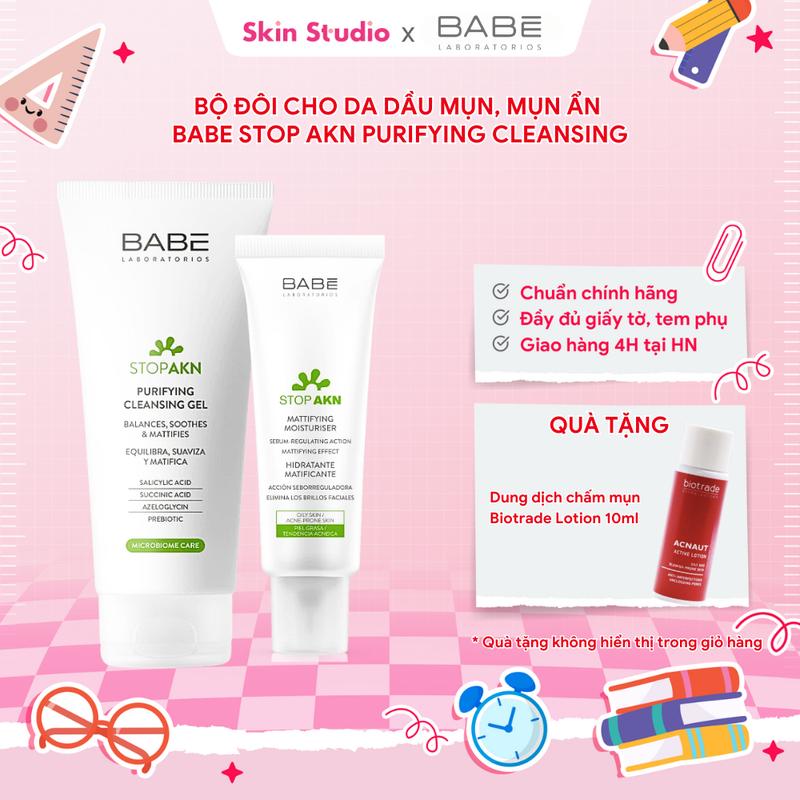 (TẶNG LOTION CHẤM MỤN 10ML) Bộ đôi SRM 200ml+ Kem dưỡng cho da dầu mụn BABE Stop AKN Purifying Cleansing Gel + Mattifying Moisturiser 50ml