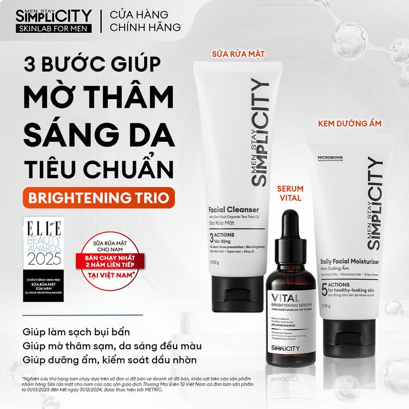 [KOL] Combo giúp mờ thâm sáng da tiêu chuẩn dành cho nam Men Stay Simplicity Brightening Trio gồm: Sữa rửa mặt 100g, Serum Vital 30g & Kem dưỡng ẩm 80g