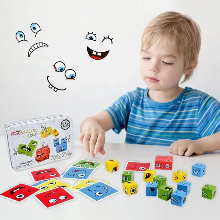 Face-Changing Educational Magic Cube 72pc Cards Expression Puzzle Building Blocks Game puzzle for Kid Gifts Friends